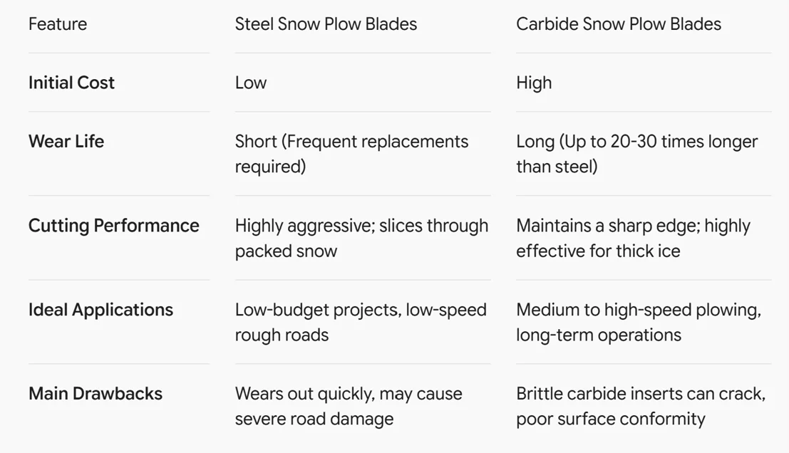 steel vs carbide snowplow blades chart